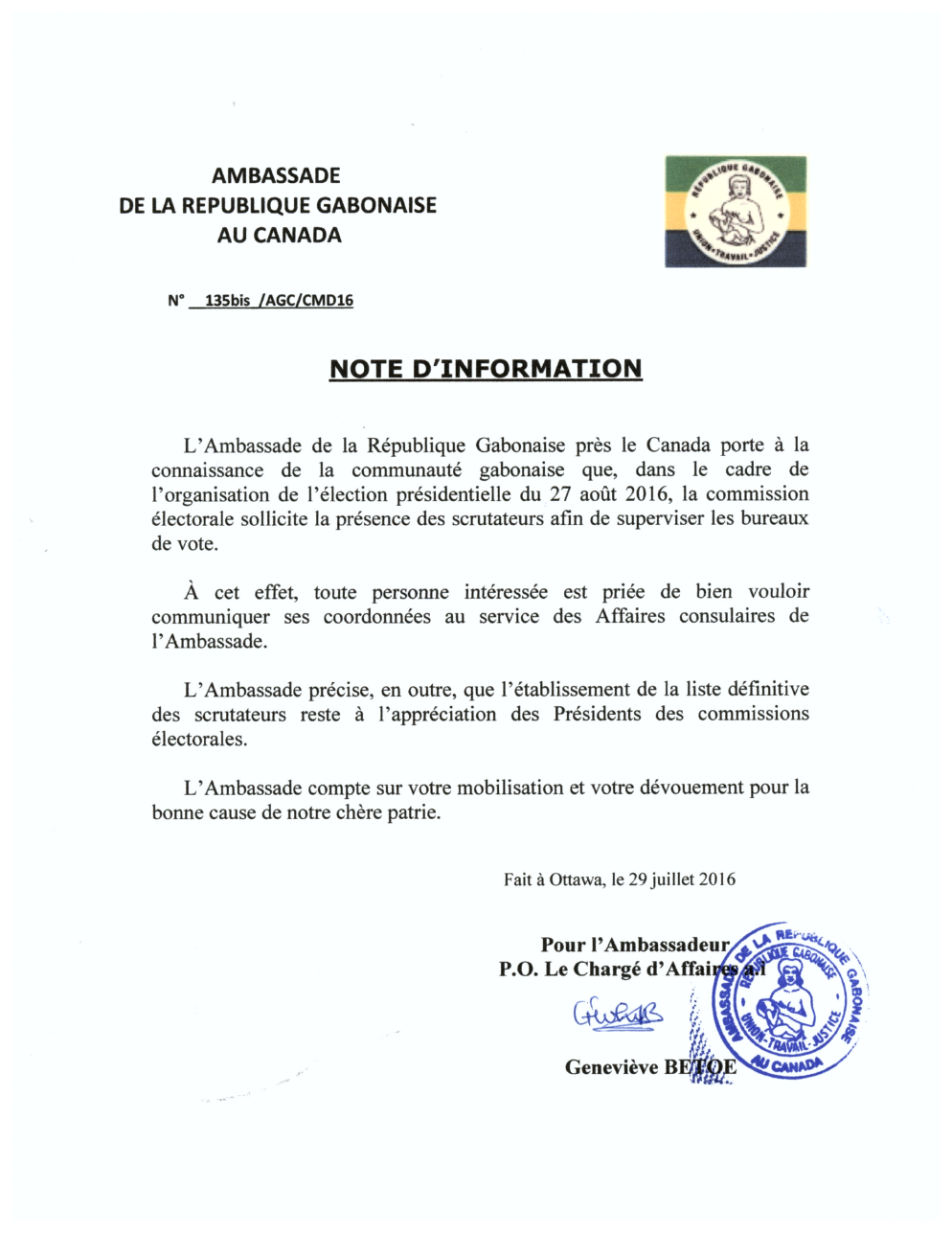 Communauté Gabonaise du Canada, relative à la présence de Scrutateurs afin de superviser les bureaux de vote.